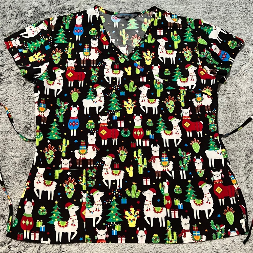 Women’s llama print Christmas scrub top
